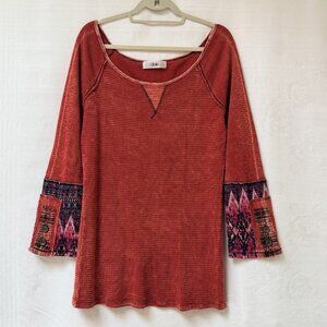 American Able Top Womens XL Contrast Cuff Shirt Waffle Knit Thermal USA Boho Red